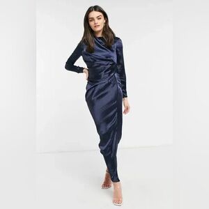 ASOS Long Sleeve Satin Draped Maxi Dress - Navy